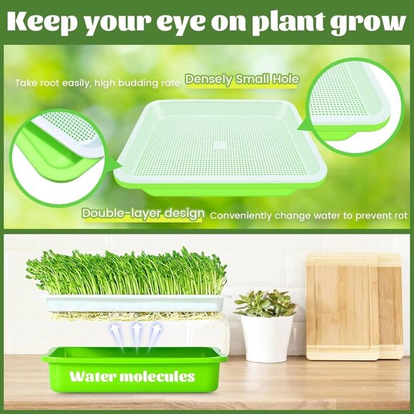10 Pack Green Seed Sprouter Trays- Soil-Free Cultivation Germination Tray, BPA F - Picture 3 of 8